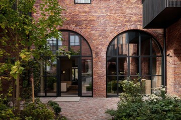 Obraz premium A contemporary brick building features expansive windows and is beautifully enveloped by lush greenery, all set within a vibrant urban courtyard bathed in daylight
