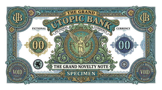 Mock banknote with decorative design elements.