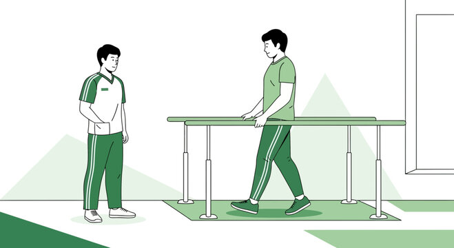 Physical therapy patient walking with parallel bars, therapist observing