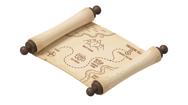 A detailed isometric vector illustration of an ancient parchment treasure map with a winding path