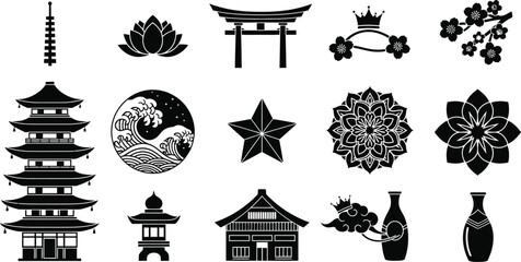 Japanese cultural elements collection pagodas florals and traditional motifs © vectbhuiyan