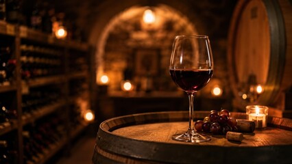 Fototapeta premium Red wine glass resting on barrel inside dimly lit wine cellar