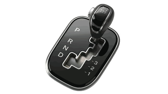 Sleek black automatic car gear shift lever vector illustration with chrome accents and white lettering