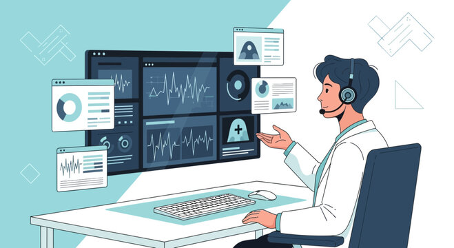 Doctor analyzing patient data on futuristic dashboard with charts and vital signs