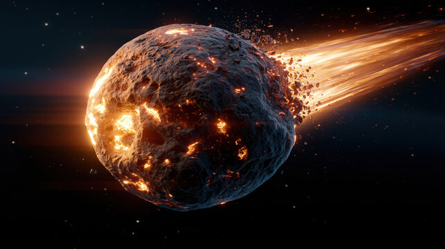 Meteor asteroid fire space rock glowing debris trail explosion impact Meteor asteroid fire space rock glowing debris trail explosion impact hurtle toward camera angle dramatic view of burning