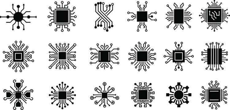 Black microchip icons set circuit board designs technology vector illustrations
