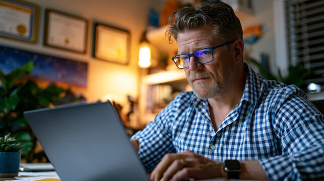 Behavioral health counselor reviewing a patient cognitive behavioral therapy progress chart on a laptop during a warm evening session in a softly lit private practice office, framed credentials on w