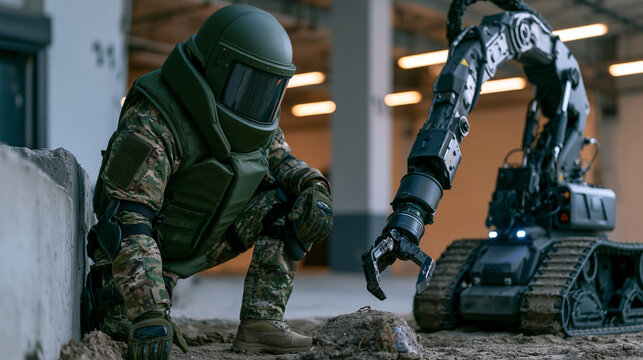 Bomb disposal technician in blast-resistant gear kneeling behind a concrete barrier as a remote-controlled tracked robot extends its manipulator arm toward a suspicious device on an empty warehouse 