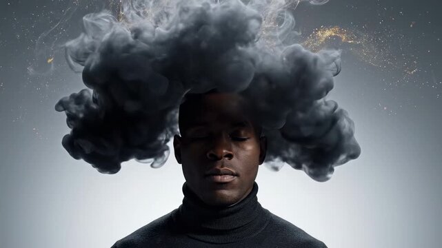 Man's head exploding with dark smoke in dramatic studio lighting