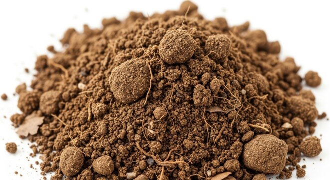 A small mound of rich dark brown garden soil isolated on a clean white background studio shot