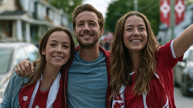 Three smiling friends in red and white sports jerseys celebrating outdoors