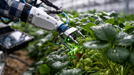 Obraz premium Harvesting robot arm reaching into a dense strawberry row in early morning mist, vision system camera identifying individual ripe berries as droplets cling to the fruit and a farmhand monitors the c