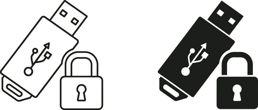 Usb drive security icons line art and silhouette versions