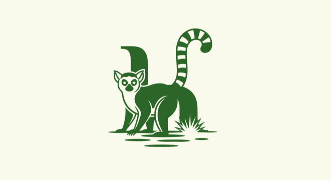 Green lemur with striped tail illustration.