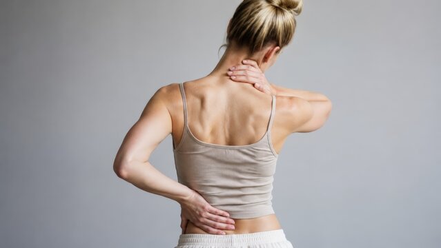 A woman in a beige racerback top reaches back to touch her lumbar spine, exhibiting signs of muscular pain, injury, and physical discomfort in a studio
