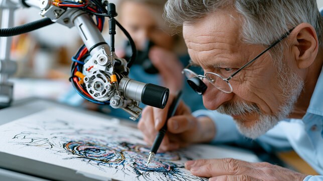 Mechanical plotter arm holding a fine liner pen completing the final strokes of a portrait drawing on textured paper stretched across an angled studio drafting table, art collector examining the fin