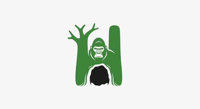Gorilla face silhouette with tree and cave design.