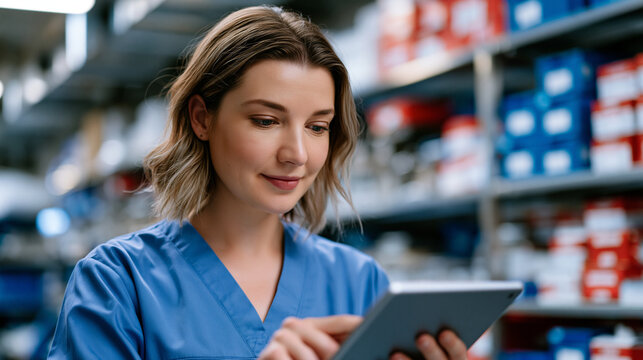 Perioperative nurse reviewing updated surgical implant compliance checklists on a tablet in a sterile supply room, accreditation documentation workflow in a hospital with shelves of catalogued surgi