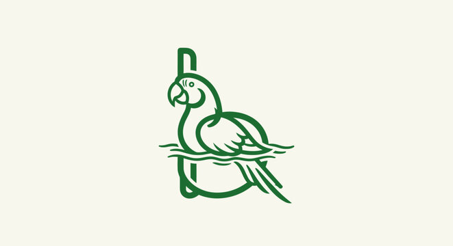 Green parrot perched on a thin branch illustration.