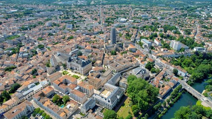 Obraz premium Aerial view beside the old town of the city Niort, France on a sunny summer morning