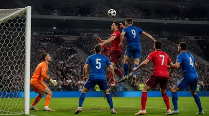 Naklejka premium Soccer Players Competing for Header Near Goalmouth During Match