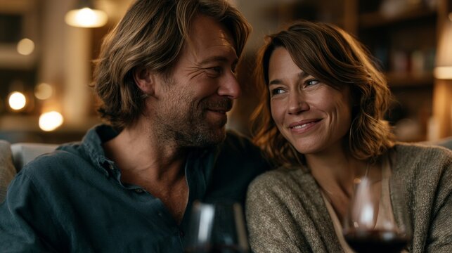 Couple sharing a tender moment over wine, enjoying each other's company indoors