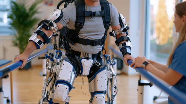 Stroke rehabilitation patient gripping parallel bars in a powered lower-body exoskeleton during an afternoon therapy session, golden hour streaming through a tall window onto the clinic floor as the