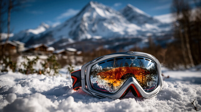 Snow goggle winter mountain reflection ski snow outdoor alpine landscape equipment sport frozen cold protective resort travel adventure scenic leisure ice sunshine bright orange blue sky gear