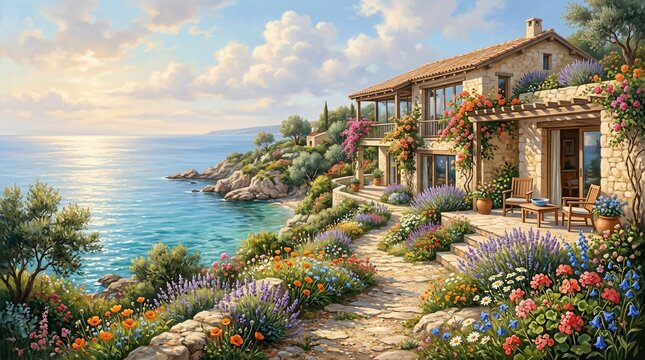 Seaside villa with garden and flowers by the ocean