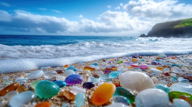 vibrant, eye level view of a beach adorned with numerous pieces of polished sea glass, multicolored glass