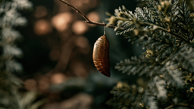 Golden chrysalis insect pupa metamorphosis nature macro forest foliage evergreen branch hanging cocoon natural bokeh woodland detail closeup wildlife golden chrysalis hangs from evergreen branch
