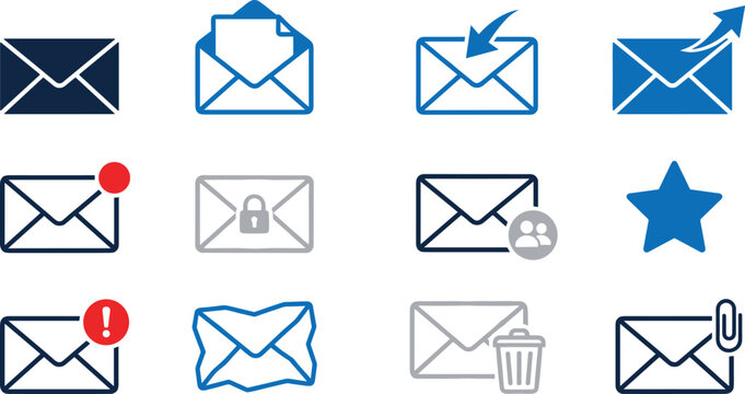 Email and messaging icons collection featuring envelopes notifications attachments communication and mail management symbols