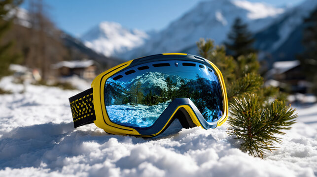 Snow goggles ski goggle winter gear snow mountain reflection alpine landscape outdoor sport peaceful scene captures snow goggles resting fresh powder near pine branch with clear blue sky