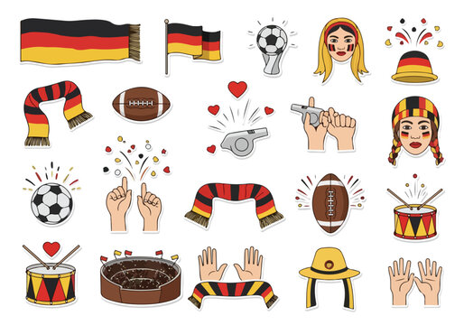 Colorful German sports icons and flags for football, soccer, and American football fandom