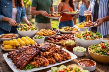 Obraz premium Backyard barbecue spread with grilled meats and salads on wooden table