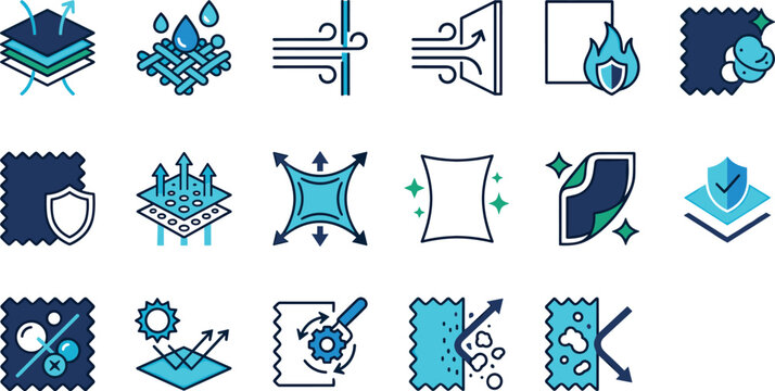 Fabric technology and textile protection icons collection featuring waterproof windproof stretchable and durable material properties