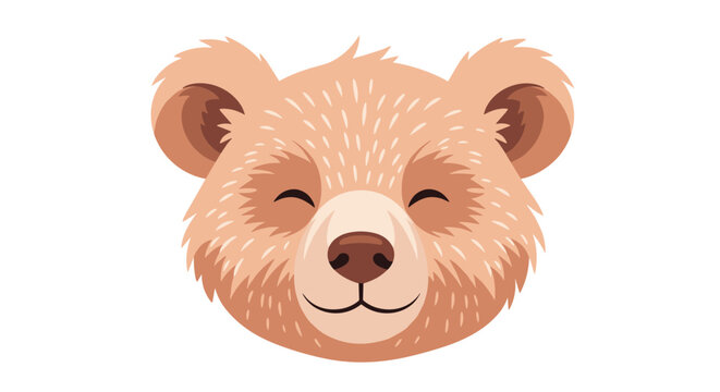 Friendly brown bear face with closed eyes and a happy smiling expression isolated on a white background for forest animal themes.