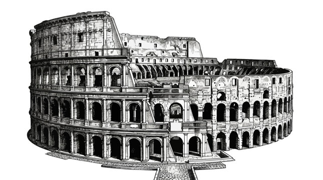 Ancient Roman amphitheater illustration in black and white architectural sketch style