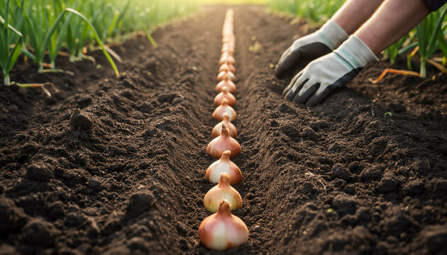 Close up view of gloved hands carefully planting a straight row of yellow onion sets into rich dark soil on an organic vegetable farm illuminated by warm sunlight