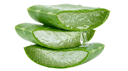 Obraz premium Sliced aloe vera leaves with water droplets on white background for skincare and health
