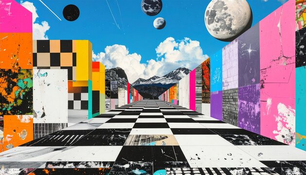 サイケデリックなシュール風景：カラフルなコラージュアートと幾何学模様の道
