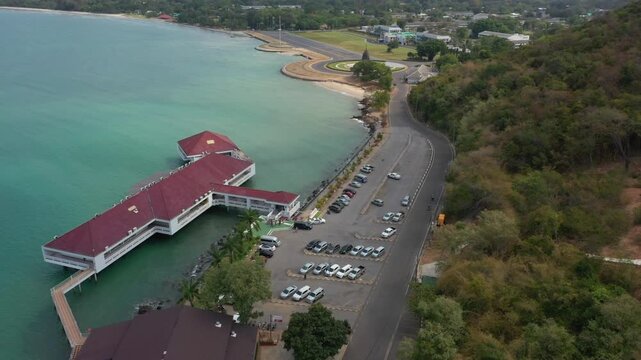 Aerial footage of Sattahip district located in Chomburi province.