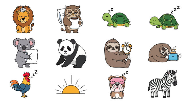 Tired sleeping animals resting with pillows and yawning characters.