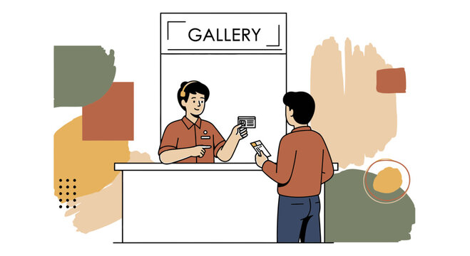 Art gallery ticket purchase: visitor buying entrance pass at counter
