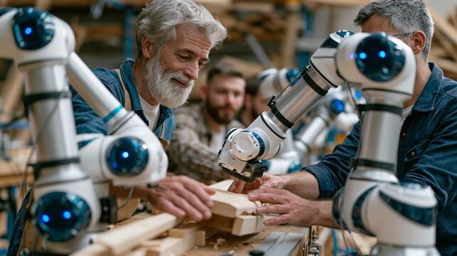 Two collaborative robots and three assembly workers sharing a small manufacturing table in a family-owned furniture workshop, safety sensors pausing robot motion as a worker reaches across to adjust