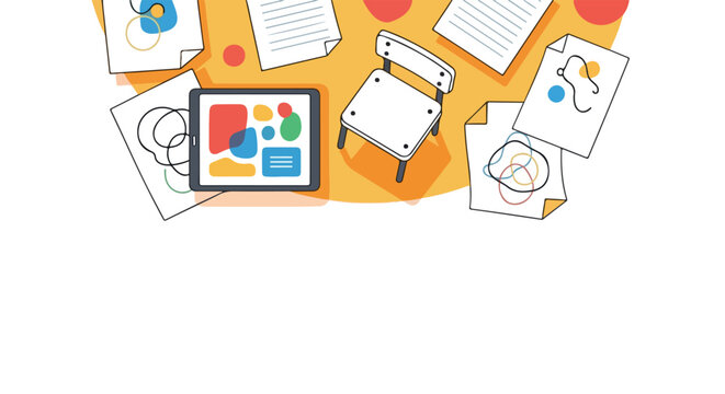 A creative top-down illustration of a workspace featuring a tablet, various sketches, scattered papers, and a small chair on a yellow table.