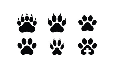 Fototapeta premium Animal paw print icon collection for wildlife tracking.