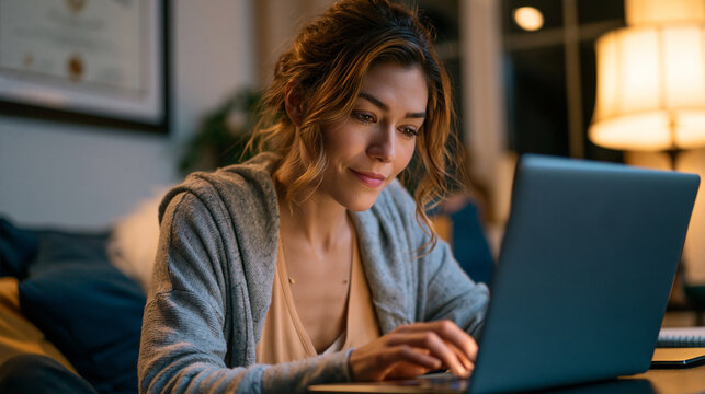 Behavioral health counselor reviewing a patient cognitive behavioral therapy progress chart on a laptop during a warm evening session in a softly lit private practice office, framed credentials on w