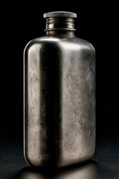 Vintage metal flask with screw cap, isolated on a dark background