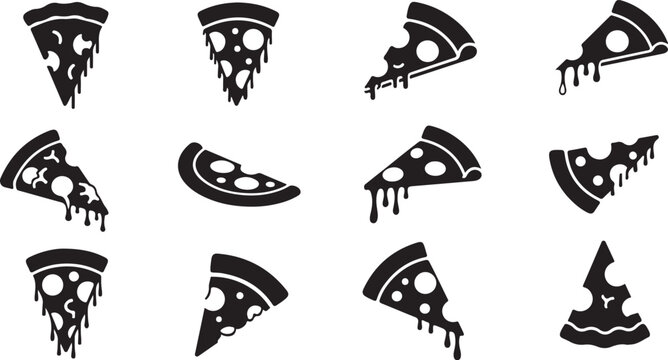 Black pizza slice skulls, melting cheese icons, food illustration set